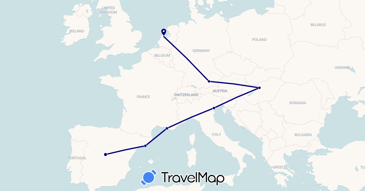 TravelMap itinerary: driving in Germany, Spain, France, Hungary, Italy, Netherlands (Europe)